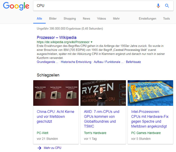 Google-Suchergebnisseite vom 26.01.2018 zum Begriff „CPU“: Die Gefahren durch Spectre und Meltdown beherrschen nach drei Wochen immer noch die Schlagzeilen.