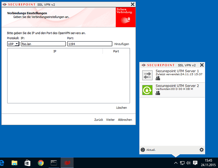 Securepoint SSL VPN-Verbindungseinstellungen - 2 Screenshots