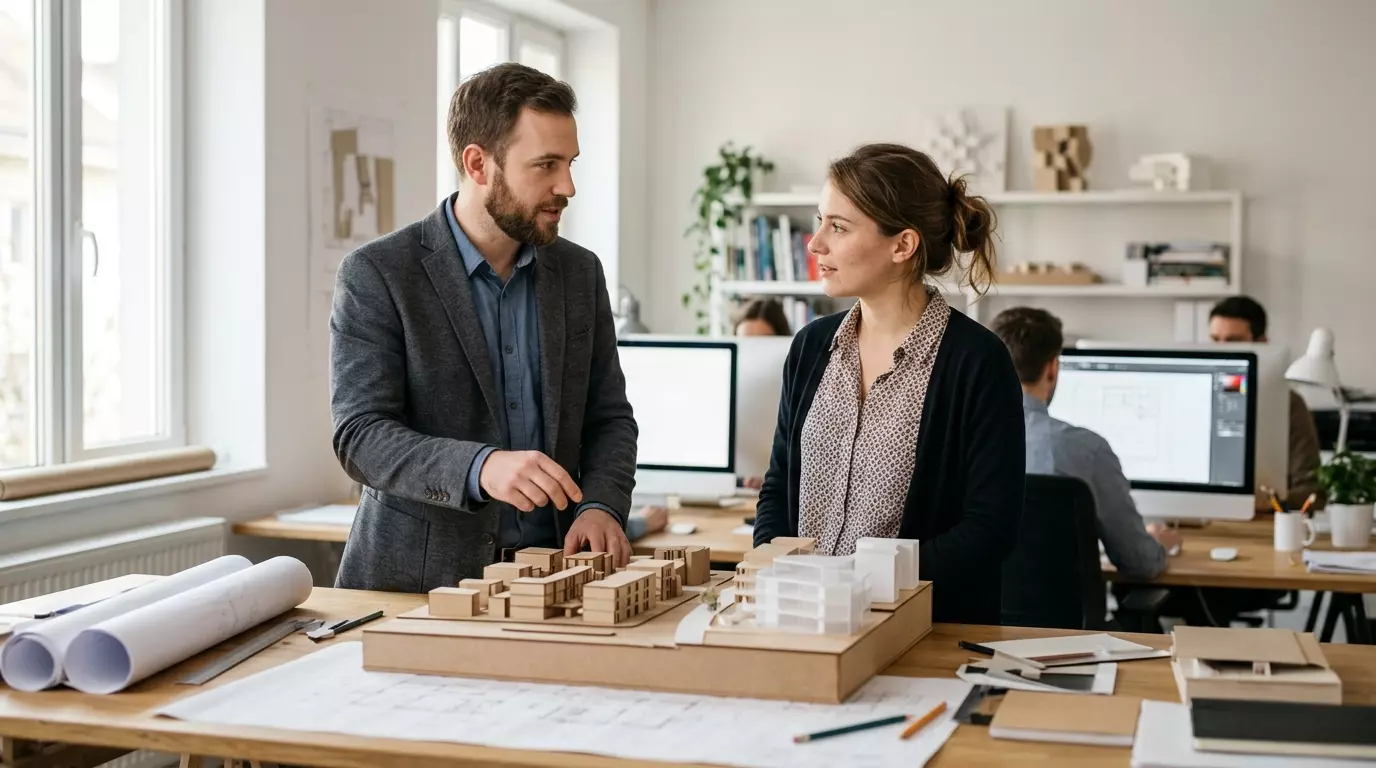 Zwei Personen besprechen ein Architekturmodell an einem Schreibtisch mit Bauplänen, während im Hintergrund gearbeitet wird.