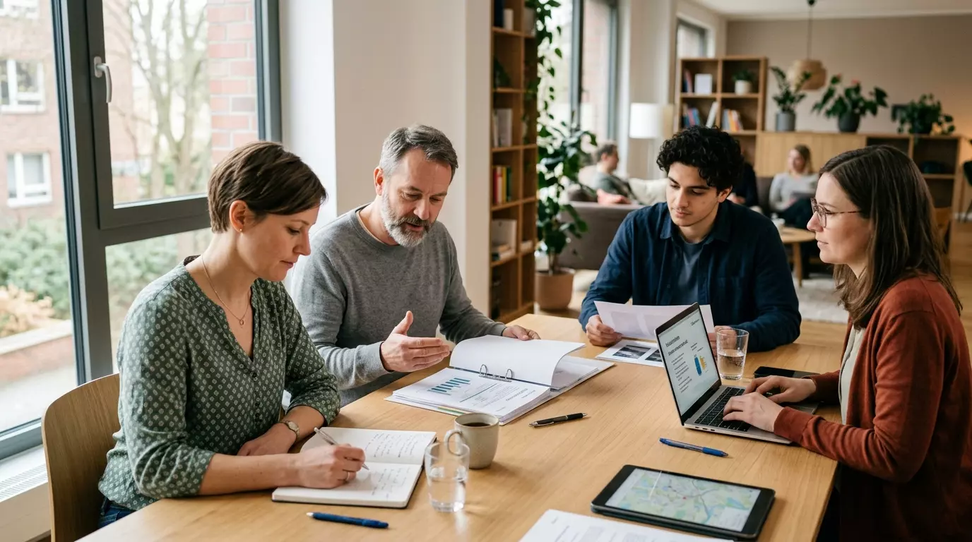 Vier Personen sitzen an einem Tisch im hellen Büro und besprechen gemeinsam Dokumente, Diagramme und Daten am Laptop.
