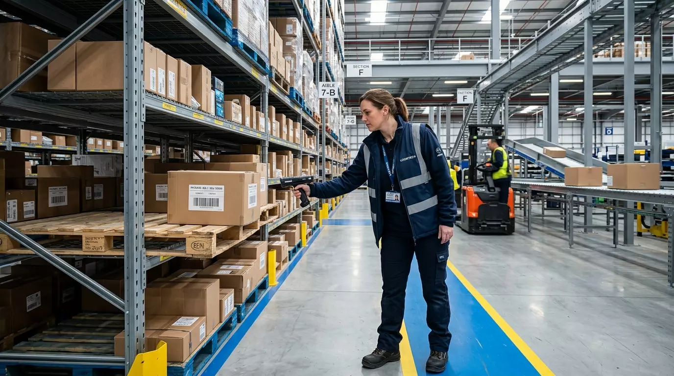 Eine Person in Arbeitskleidung scannt mit einem Handgerät den Barcode eines Kartons im Hochregallager.