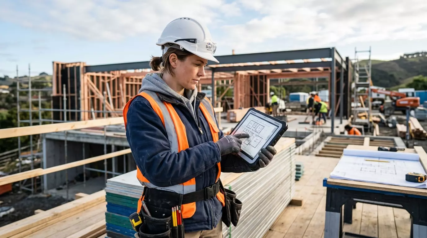 Person mit Bauhelm, Warnweste und Werkzeuggürtel prüft einen digitalen Plan auf einem Tablet auf einer Baustelle.