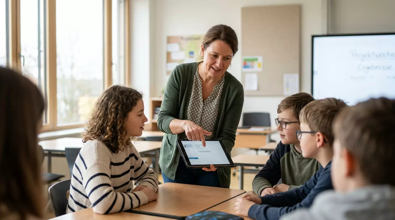Eine Lehrkraft veranschaulicht einer Lerngruppe im Klassenzimmer Finanzthemen auf einem Tablet.