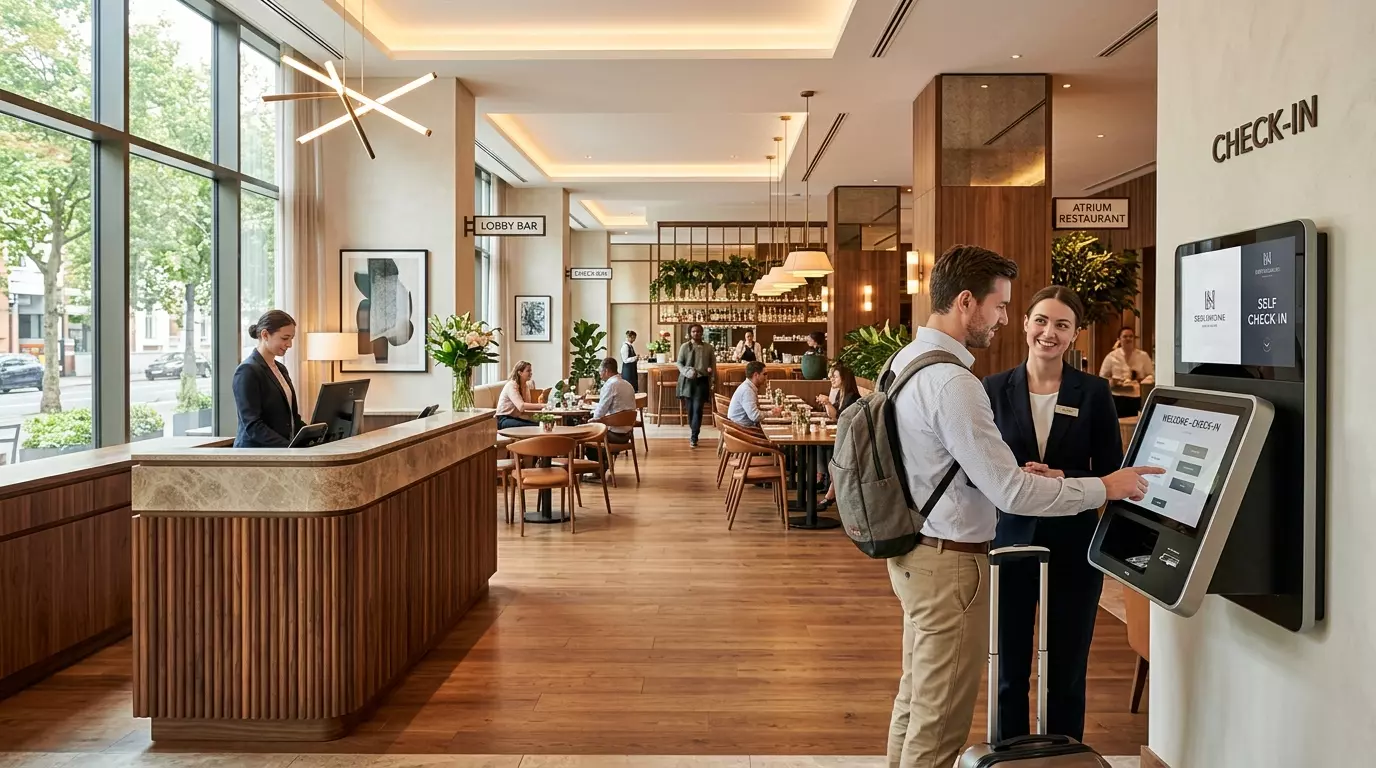 Ein Gast am Check-in-Terminal in einer modernen Lobby, im Hintergrund sitzen Gäste im belebten Restaurantbereich.