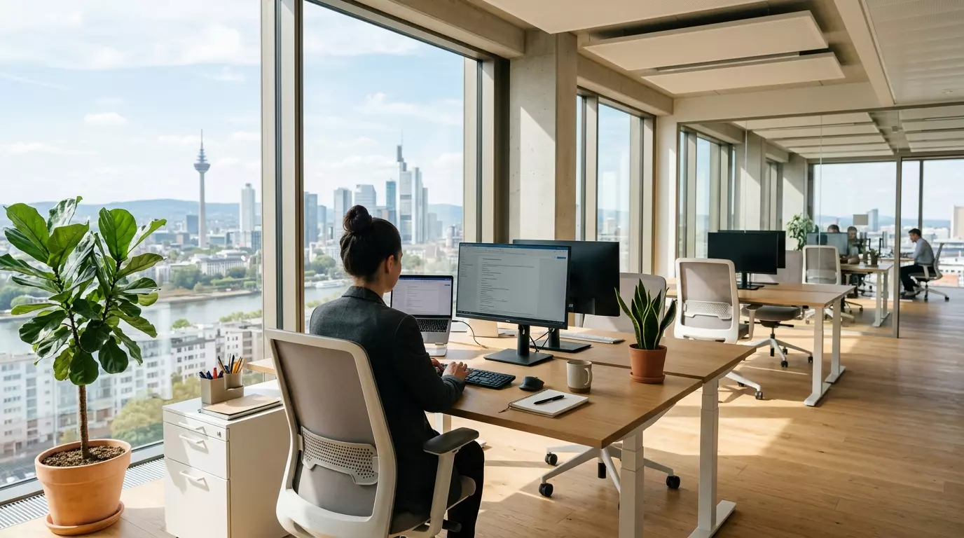 Eine Person arbeitet am Computer in einem hellen Großraumbüro. Große Fensterfronten bieten Blick auf eine Skyline am Fluss.