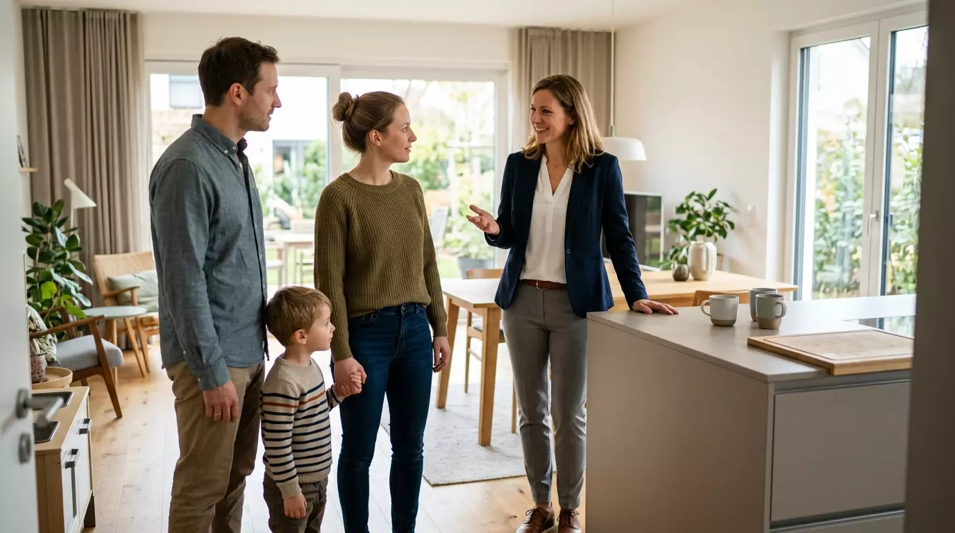 Eine Maklerin führt eine Familie mit Kind durch den hellen offenen Wohn- und Essbereich eines modernen Hauses.