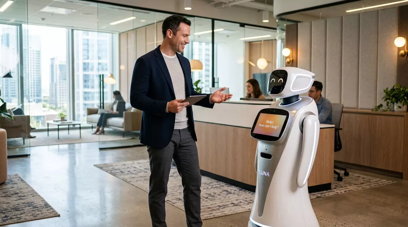 Ein Mitarbeiter mit Tablet interagiert lächelnd mit einem weißen Service-Roboter in einem modernen Empfangsbereich.