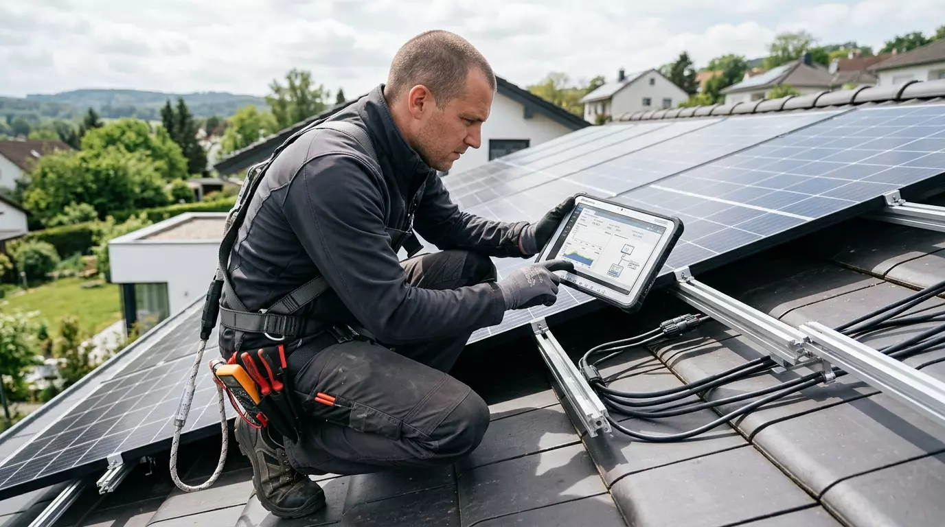 Ein Monteur mit Sicherheitsgurt kniet auf einem Ziegeldach und bedient ein Tablet neben installierten Solarpanels.