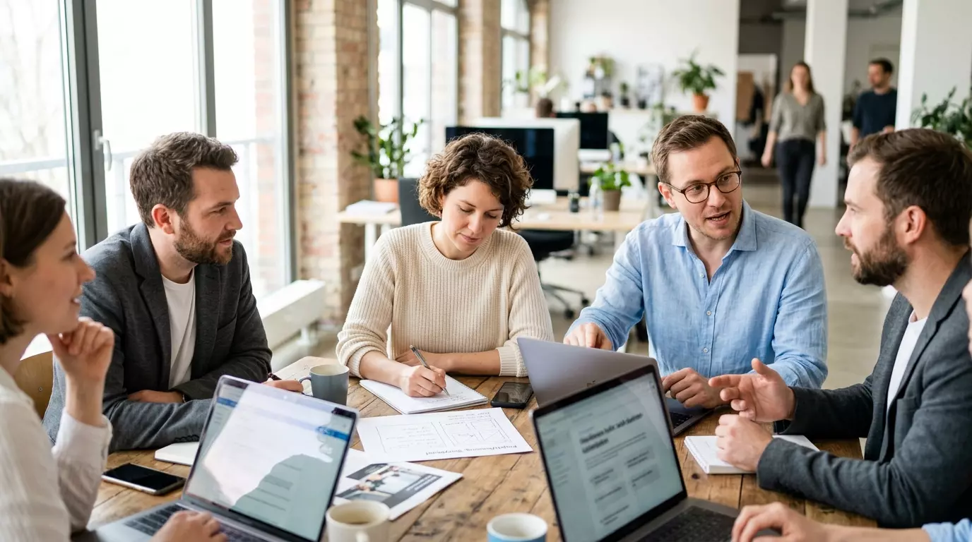 Ein Team sitzt um einen Holztisch in einem Loft-Büro, diskutiert über Layouts und arbeitet an mehreren Laptops.