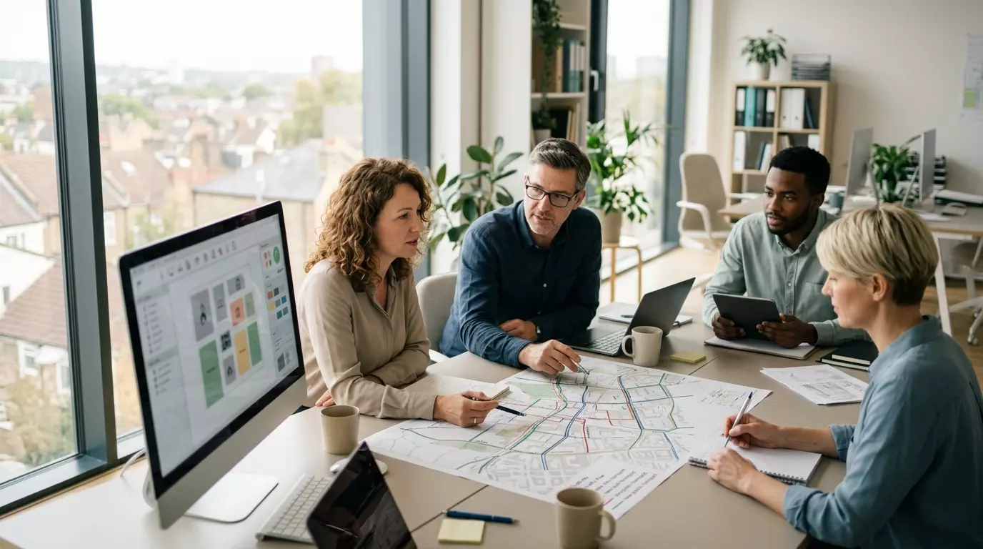 Vier Personen im Büro am Tisch, die gemeinsam eine ausgebreitete Stadtkarte für ein Investitionsprojekt analysieren.
